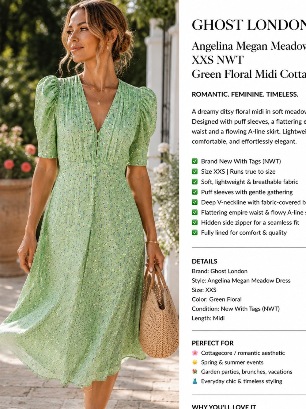 Ghost London Angelina Megan Meadow Dress XXS NWT Green Floral Midi Cottagecore